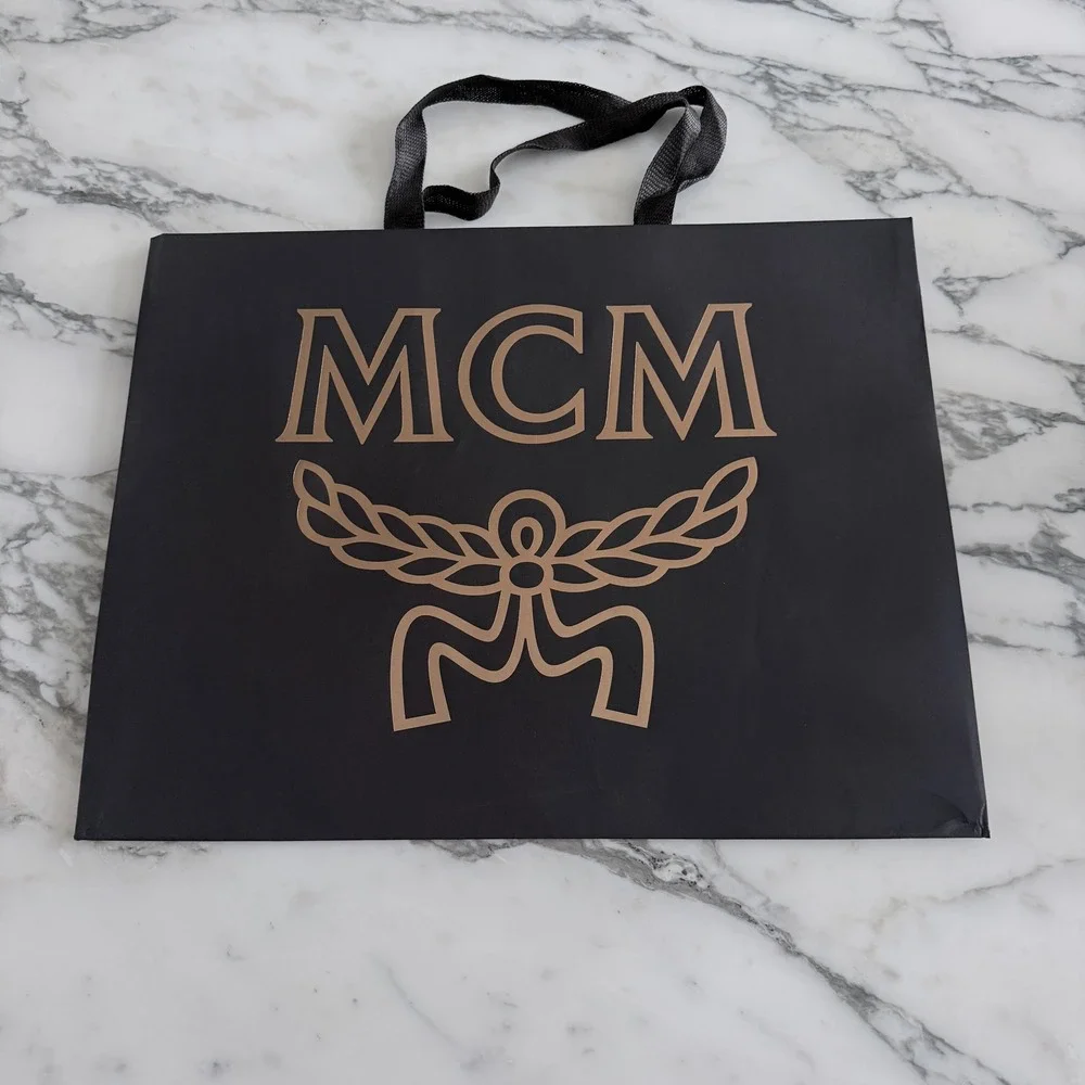 MCM Large Black Paper Shopping Bag Gold Logo Ribbon Handles 20.5x16x8